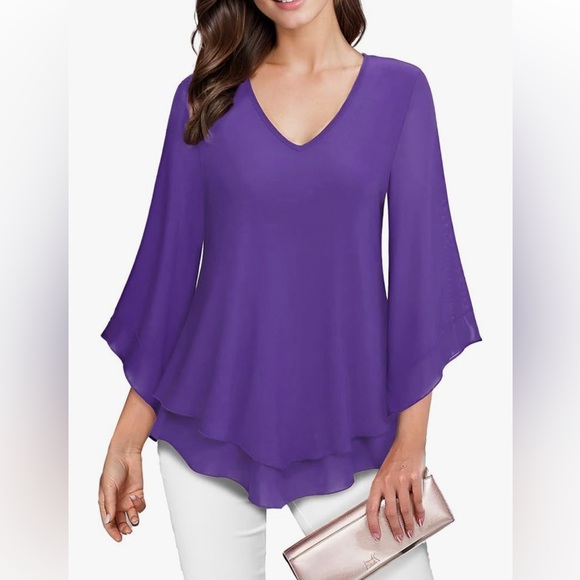 Misakia XL Purple 3/4 sleeve tunic v neck v bottom blouse top - Picture 1 of 7
